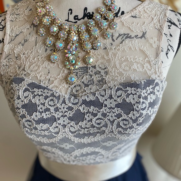 TEEZE ME LACE SHORT PARTY SOCIAL DRESS SIZE 1/2 Navy BLUE Tulle and LACE BODICE - Picture 4 of 6